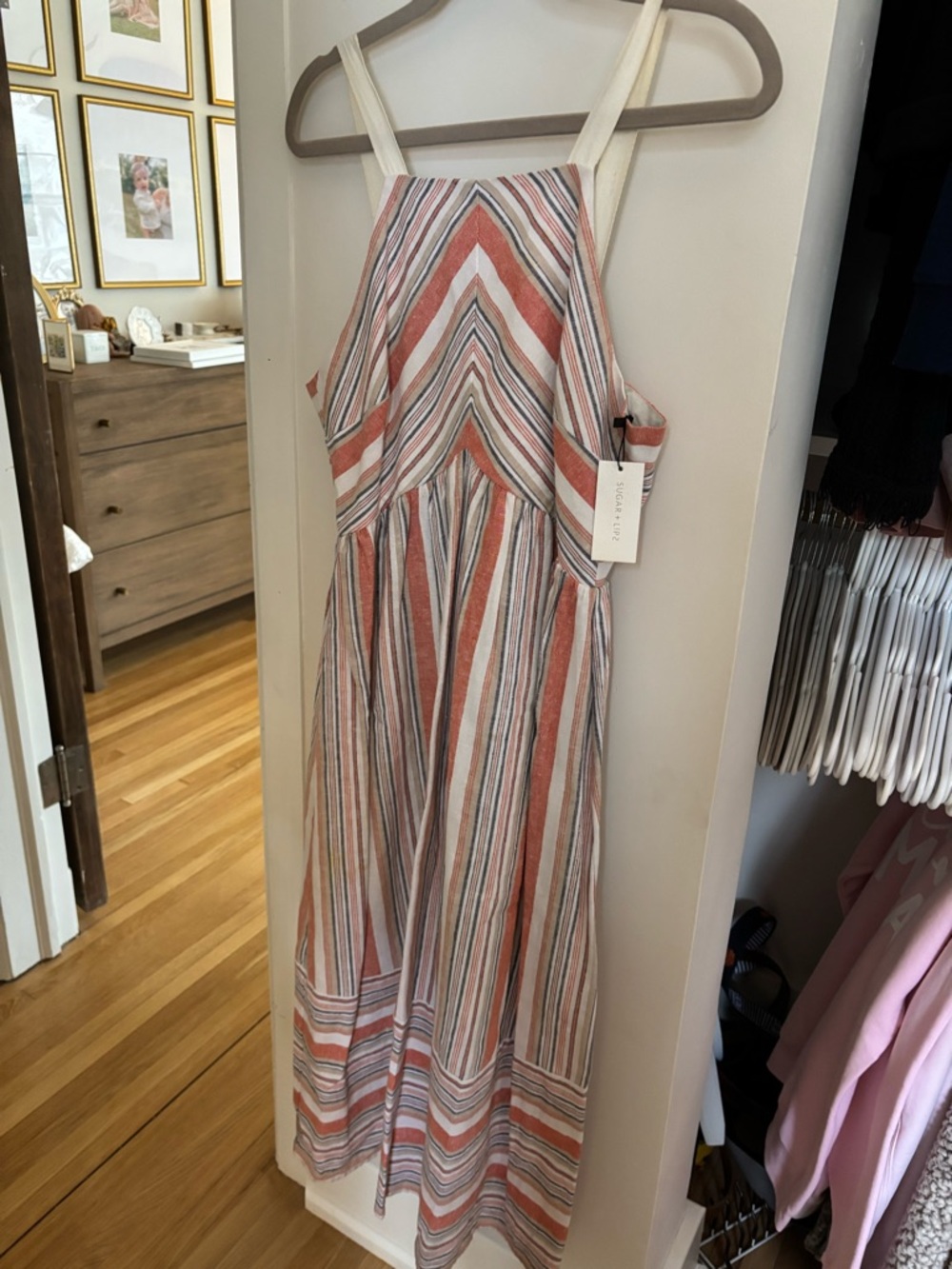 Sugarlips Striped Midi Dress in Coral, Cream, and Gray
